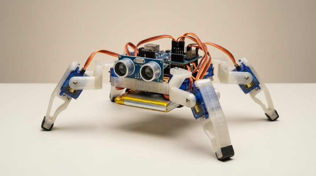3D-Printed Quadruped Walking Robot with Ultrasonic & Servos